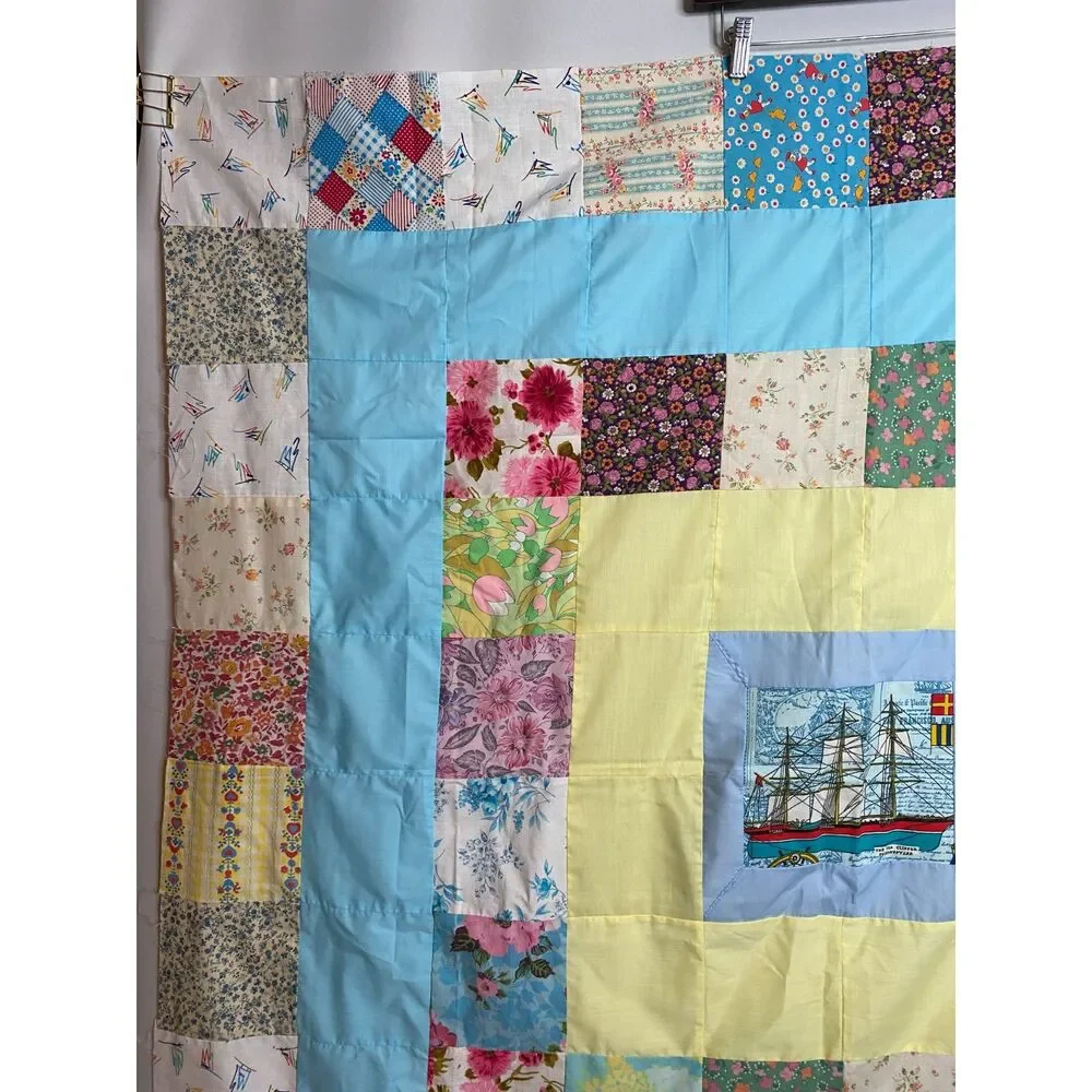 VTQ Patchwork Quilt Top Layer Mariner Sailing Ship 54x54